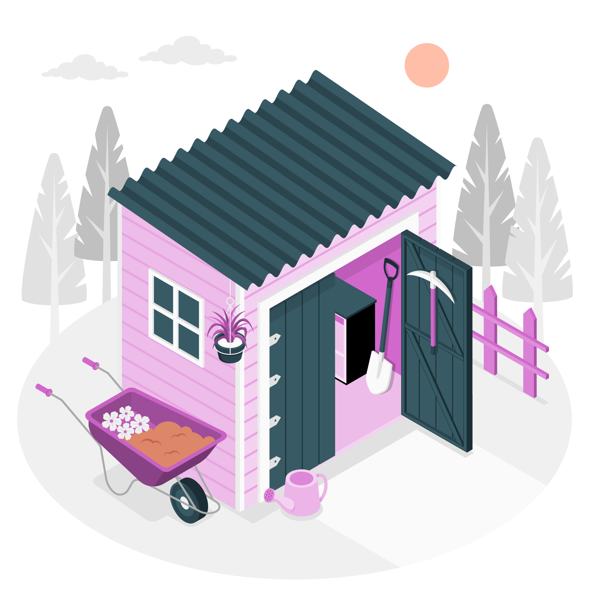 Small wooden pink shed illustration